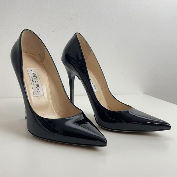 Jimmy Choo Shoes - Jimmy Choo Black Patent Leather Pointed Toe Pumps Heels Size 38 Stiletto Classic